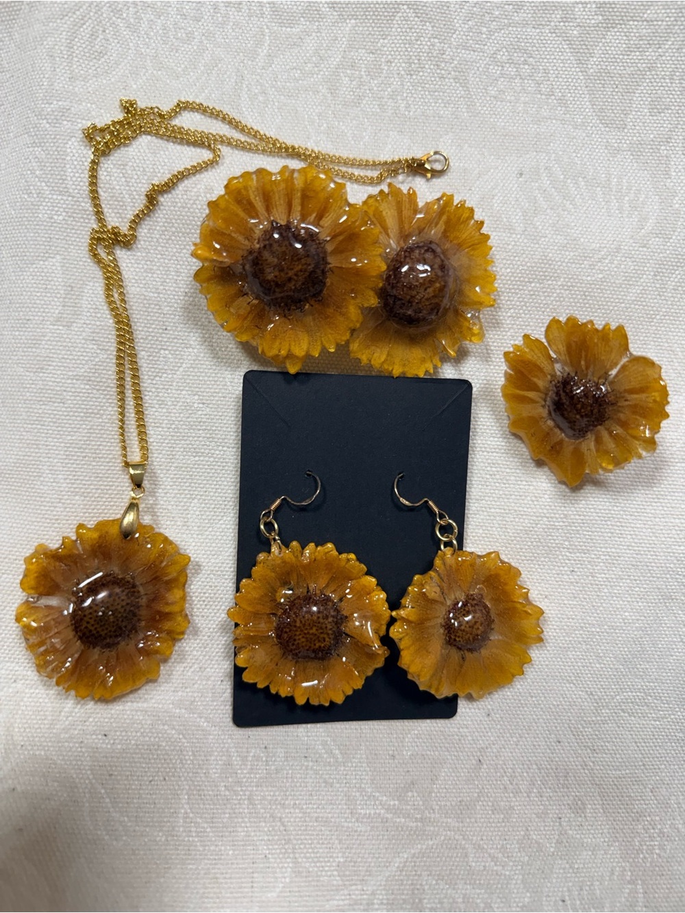 Sunflower Jewelry Set 4 Pc Real Flower Resin Necklace Earrings Ring Hair Clip